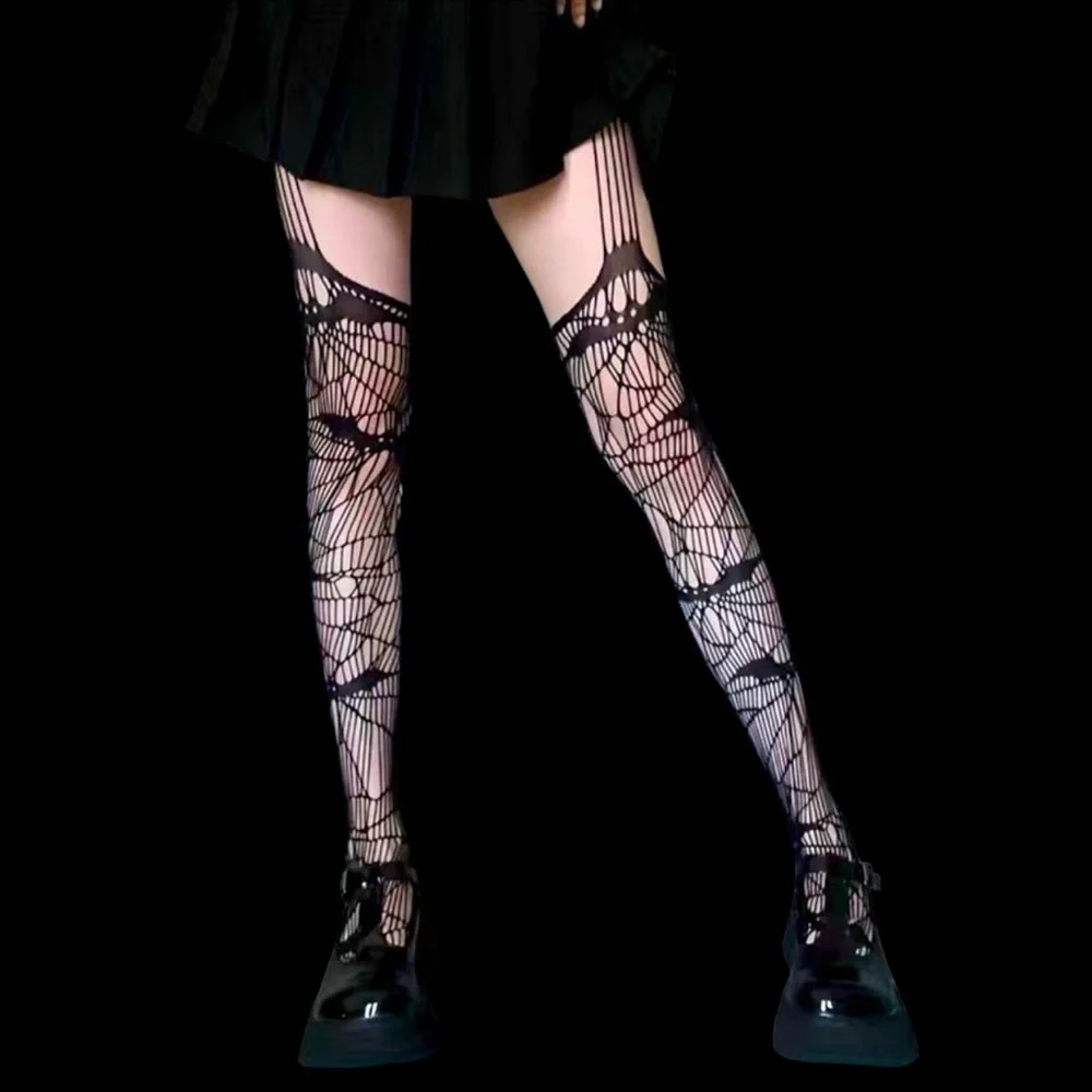 Black Bat Fishnet Suspender Tights Hollow Out High Waist Mesh Pantyhose One Size